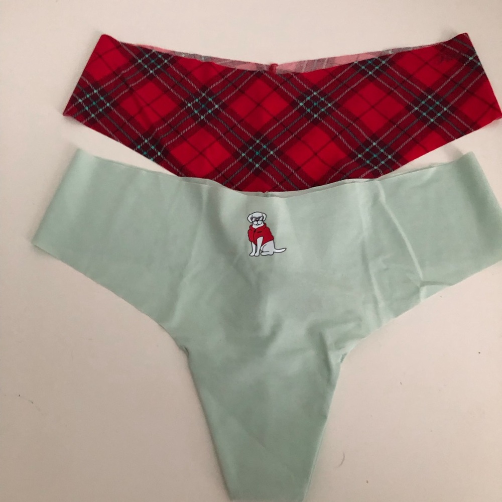 PINK Thong Panty Set - Green with Dog and Plaid